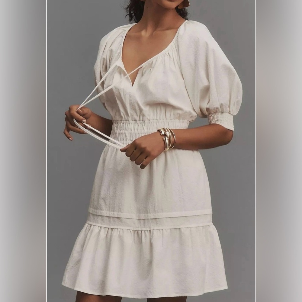 1X by Anthropologie White Somerset puff sleeve mini dress with smocked waist.1X